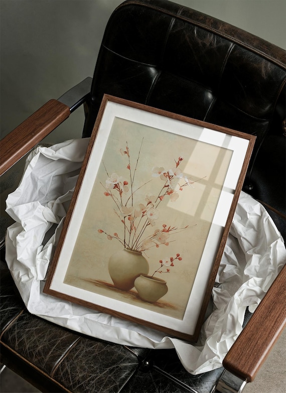 Minimalist Cherry Blossom Branches Ceramic Vase Japandi Wall Poster