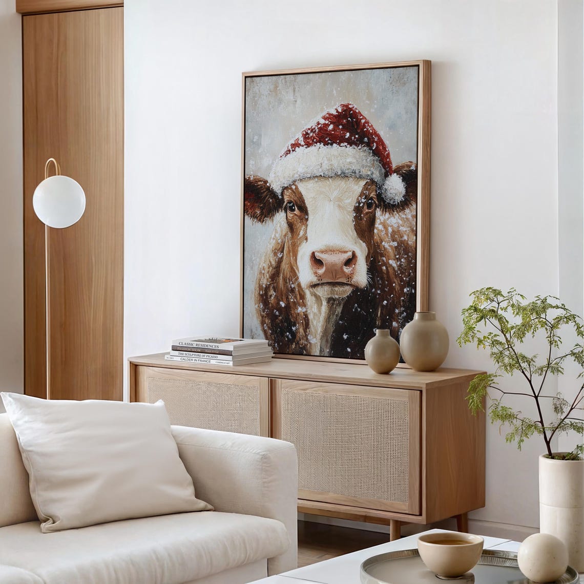 Cute Cow Wearing a Snowy Santa Hat in a Cozy Christmas Animal Poster - Image 6