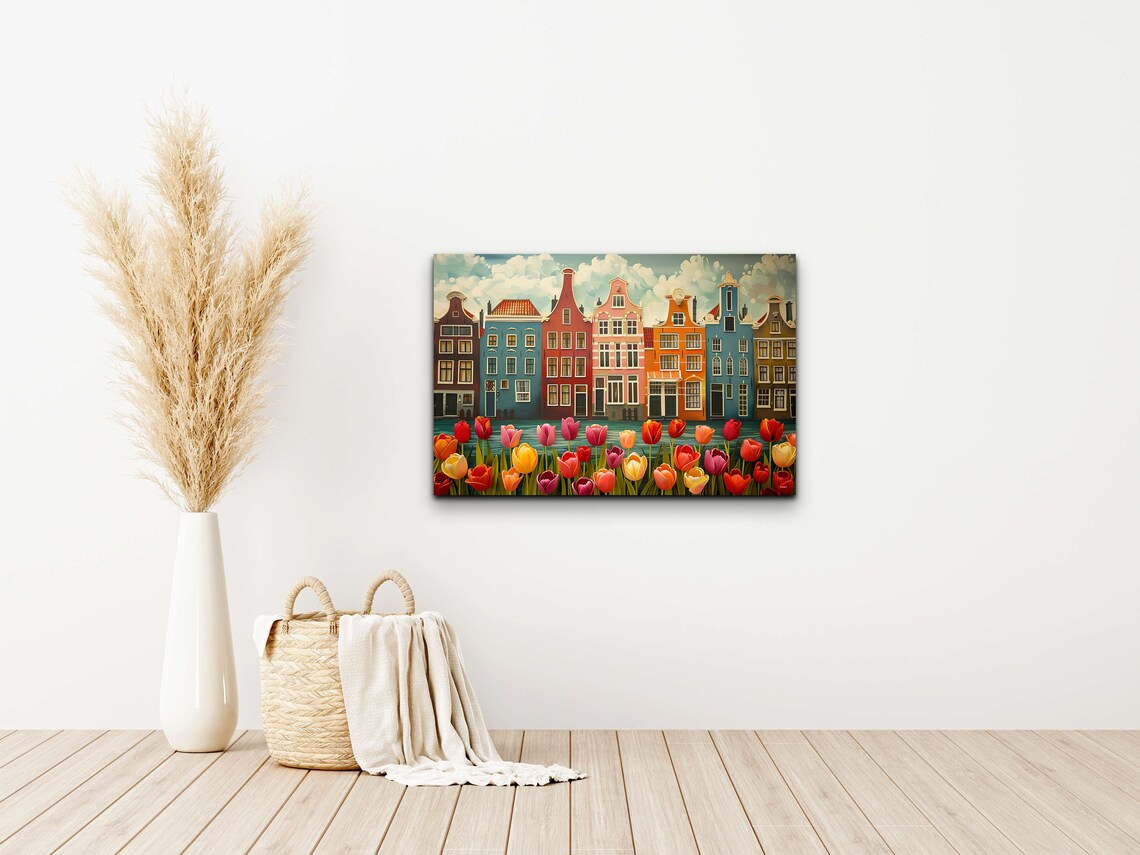 Amsterdam Canal Houses with Colorful Tulips Flower Painting Wall Art - Image 5