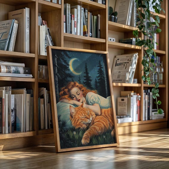 Redhead Sleeping With Cat Under Moon Cozy Nighttime Forest Art Whimsical Girl And Canvas Vintage Storybook Wall Decor Print
