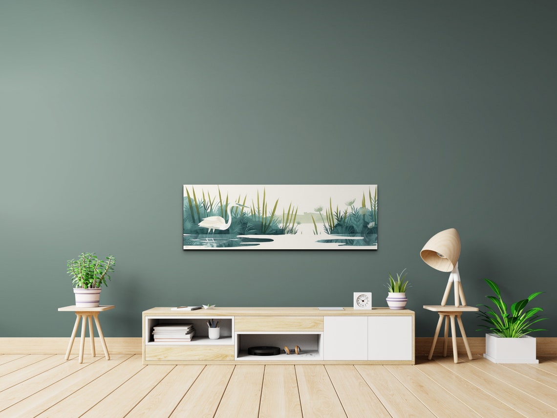 White Egret Wading In Marsh Watercolor Reeds Panoramic Wall Art - Image 4