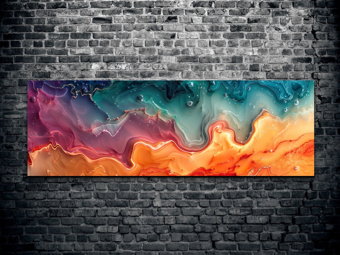Calming Fluid Wave Abstract Teal Pink Orange Flow Art Poster - Image 2