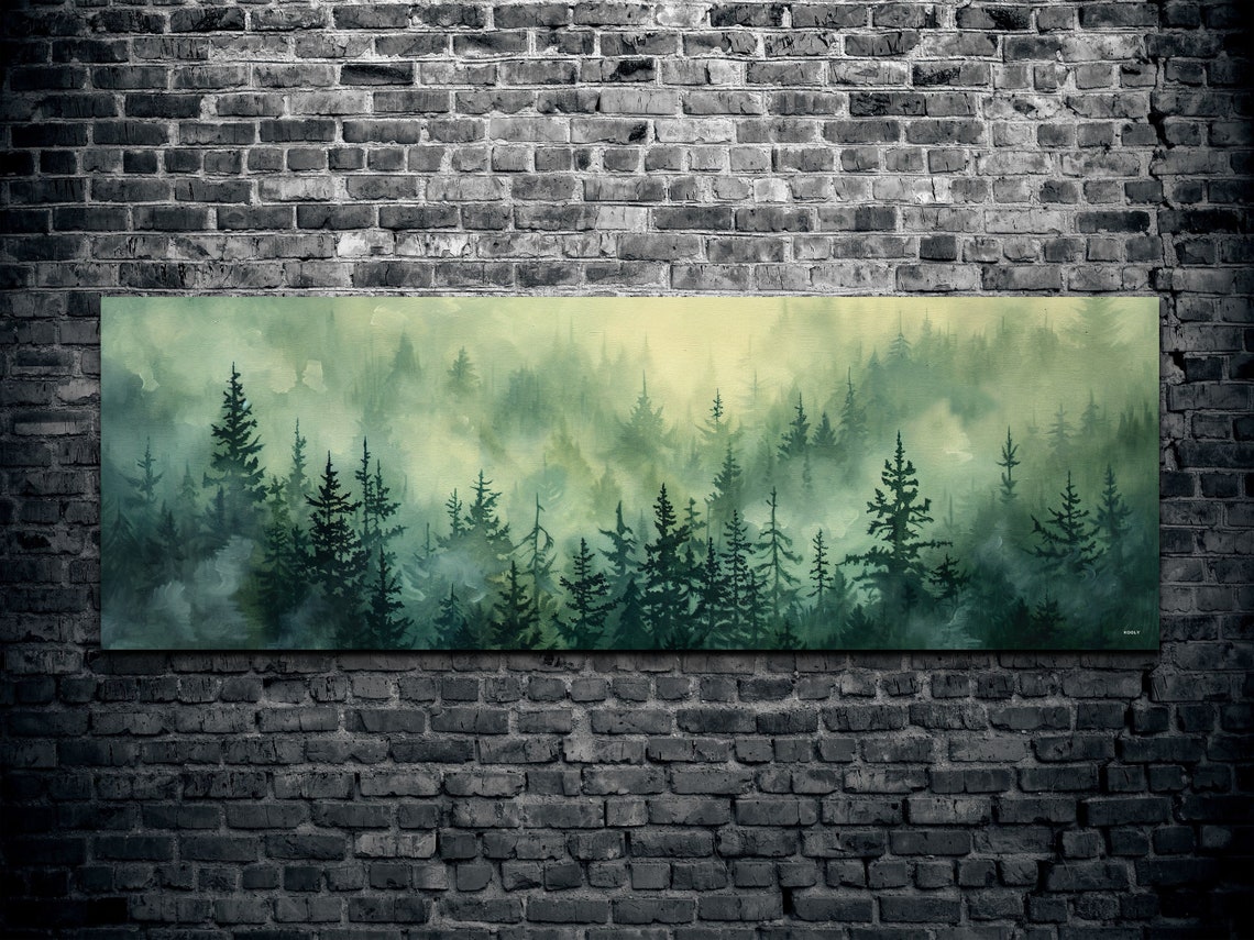 Misty Green Forest Layers in a Soft Watercolor Wash Panoramic Poster - Image 2