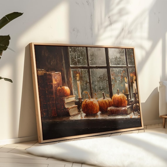 Pumpkins and Books by Rainy Window with Candles Still Life Poster