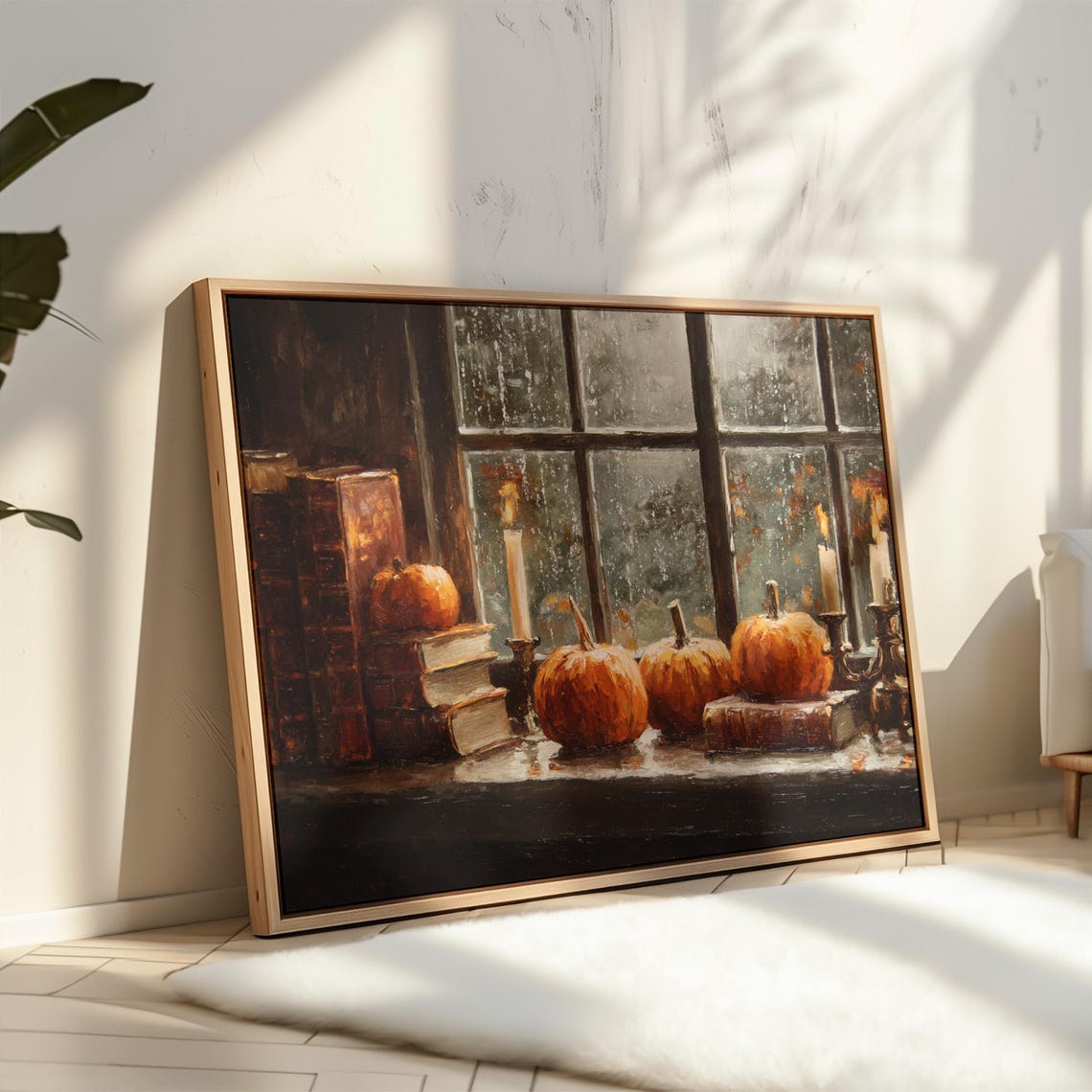 Pumpkins and Books by Rainy Window with Candles Still Life Poster