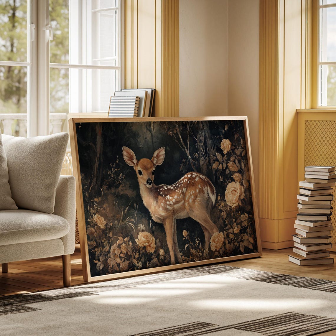 Spotted Fawn In Dark Forest With Golden Roses Artwork Poster - Image 3