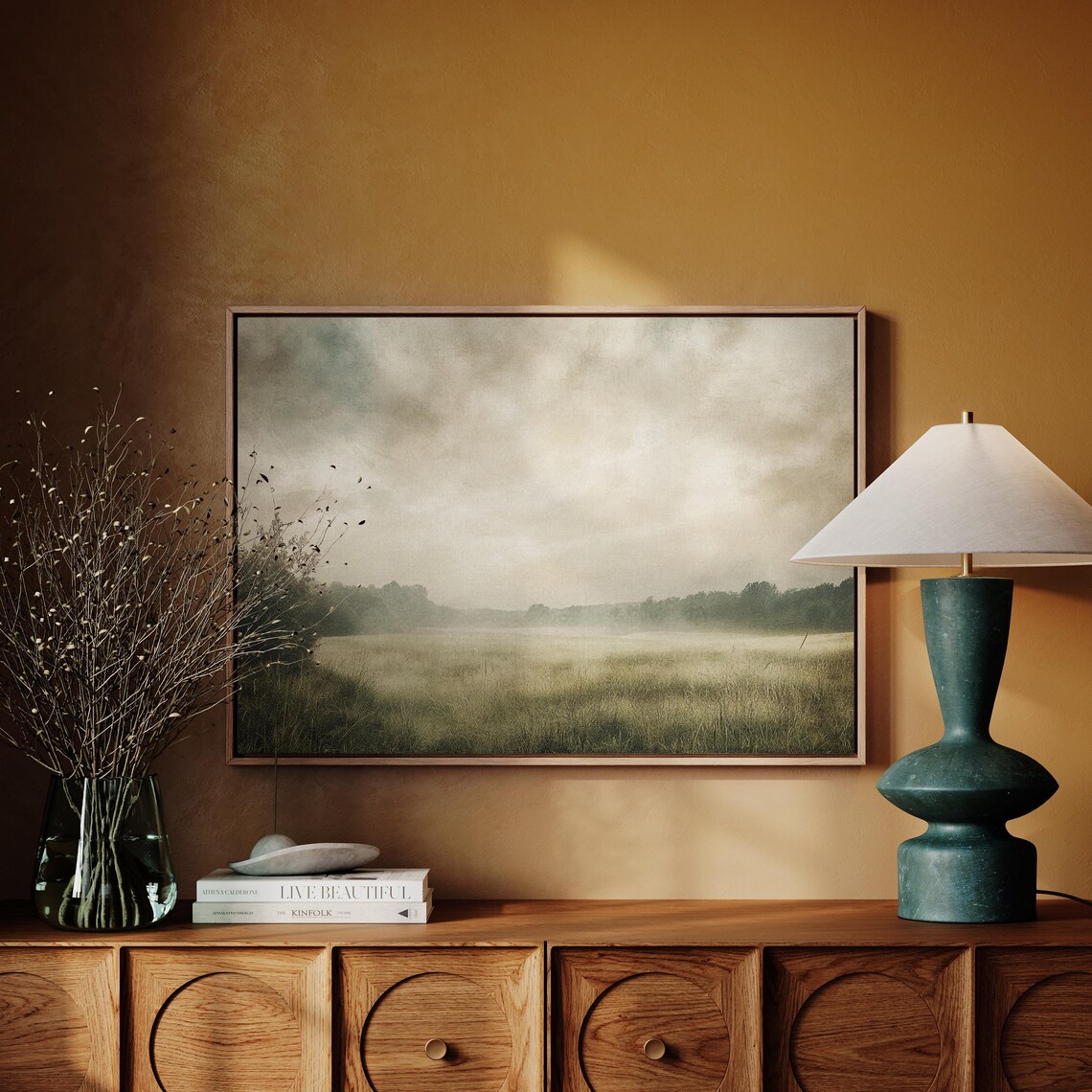 Serene Foggy Meadow Rustic Landscape Art Print - Image 6