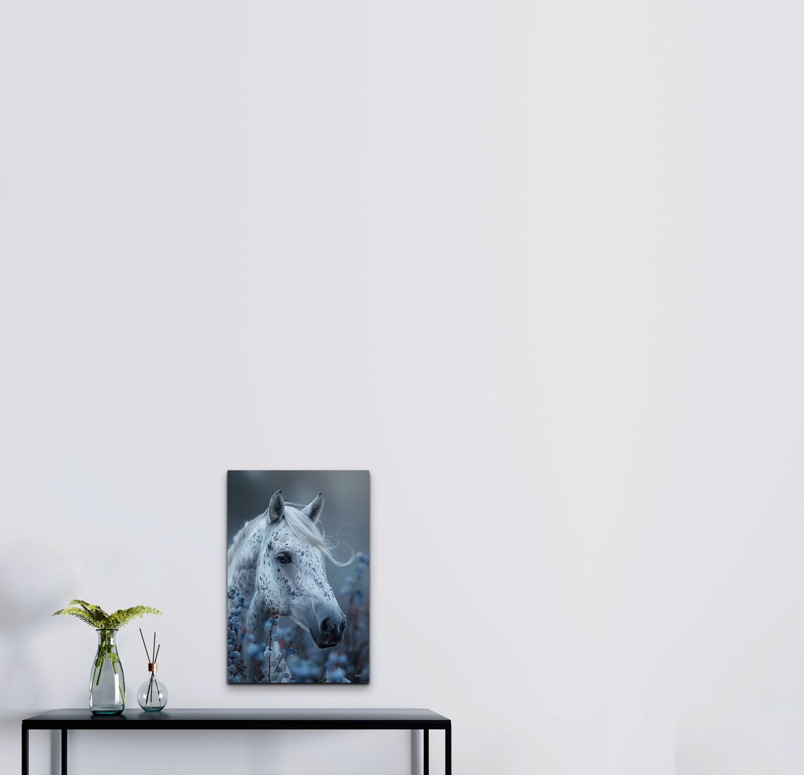 White Horse Portrait Misty Blue Wildflowers Equine Decor Wall Art - Image 4
