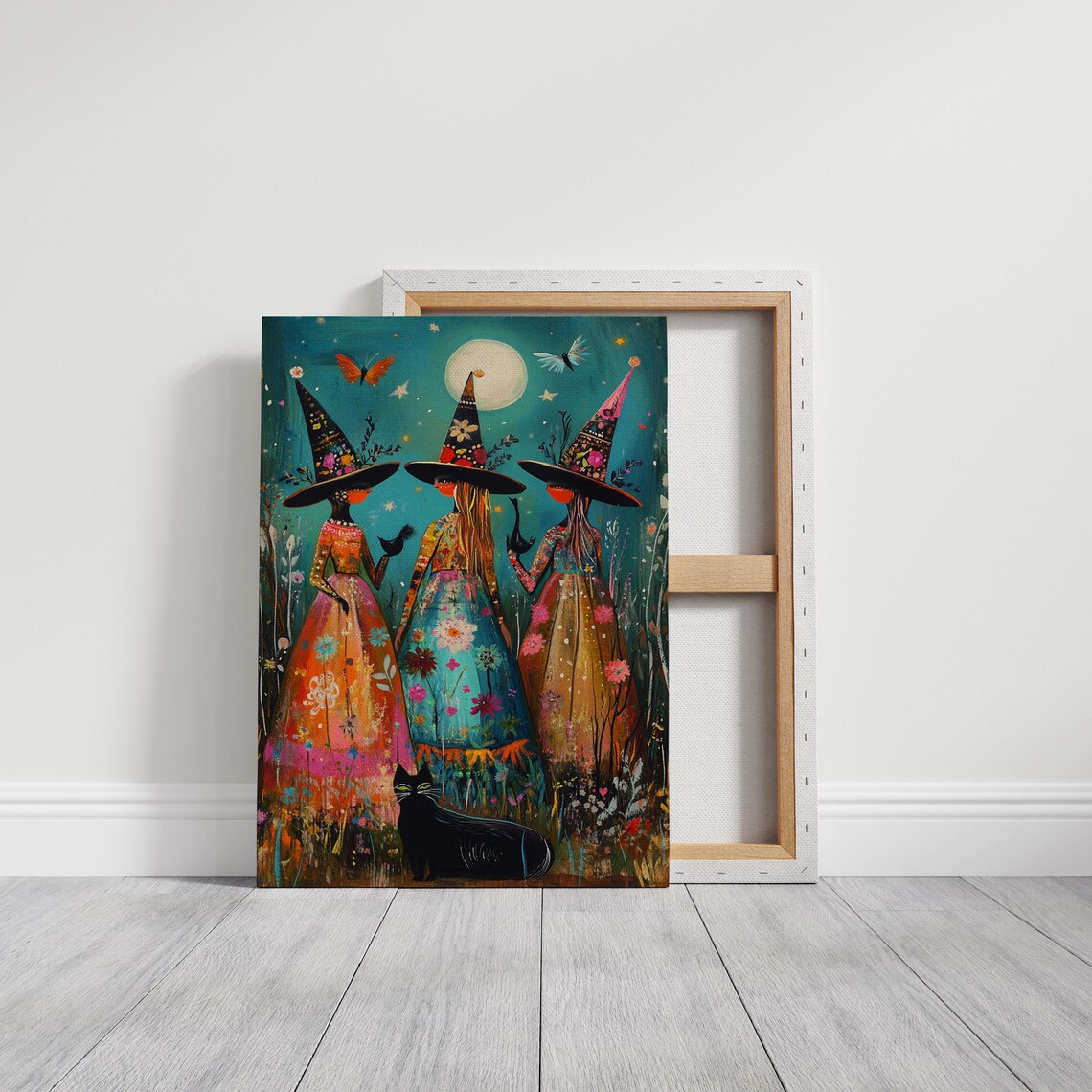 Whimsical Witches Under Full Moon Starry Night Black Cat Halloween Poster - Image 3