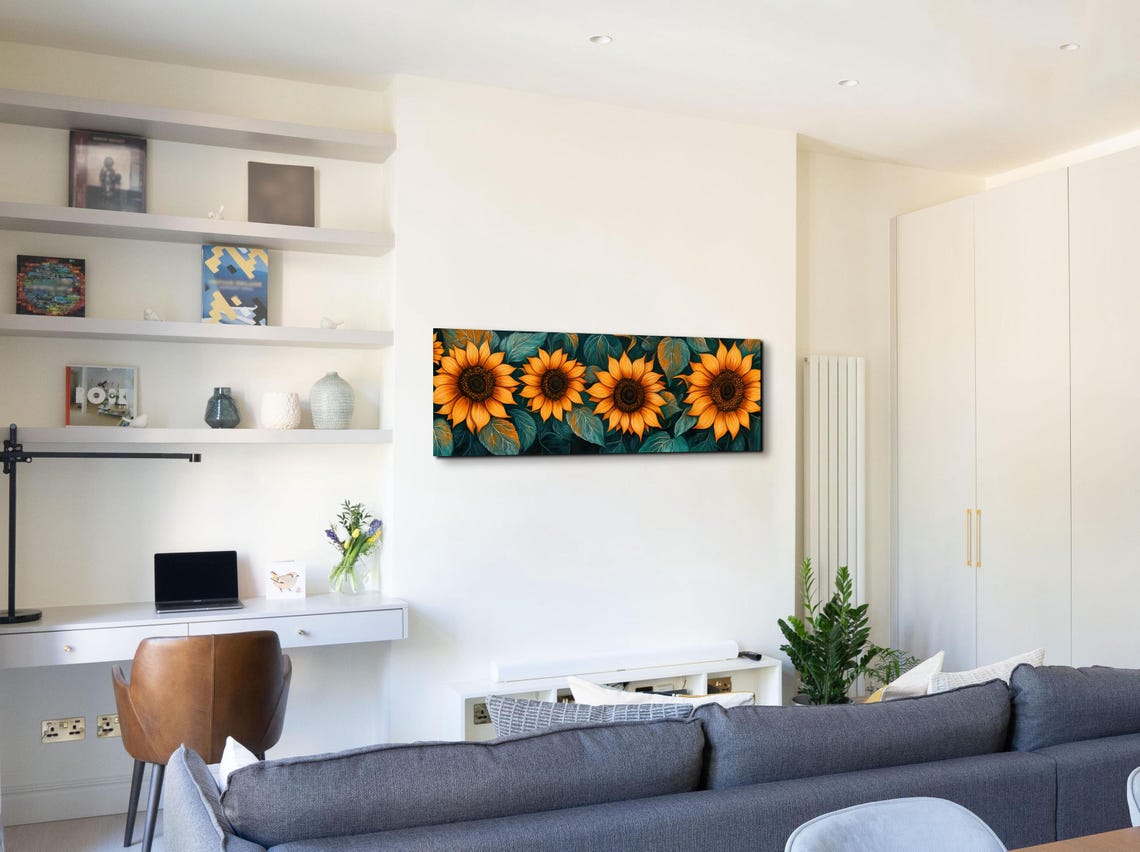 Bold Sunflowers On Teal Leaves Painterly Floral Panorama Poster - Image 4