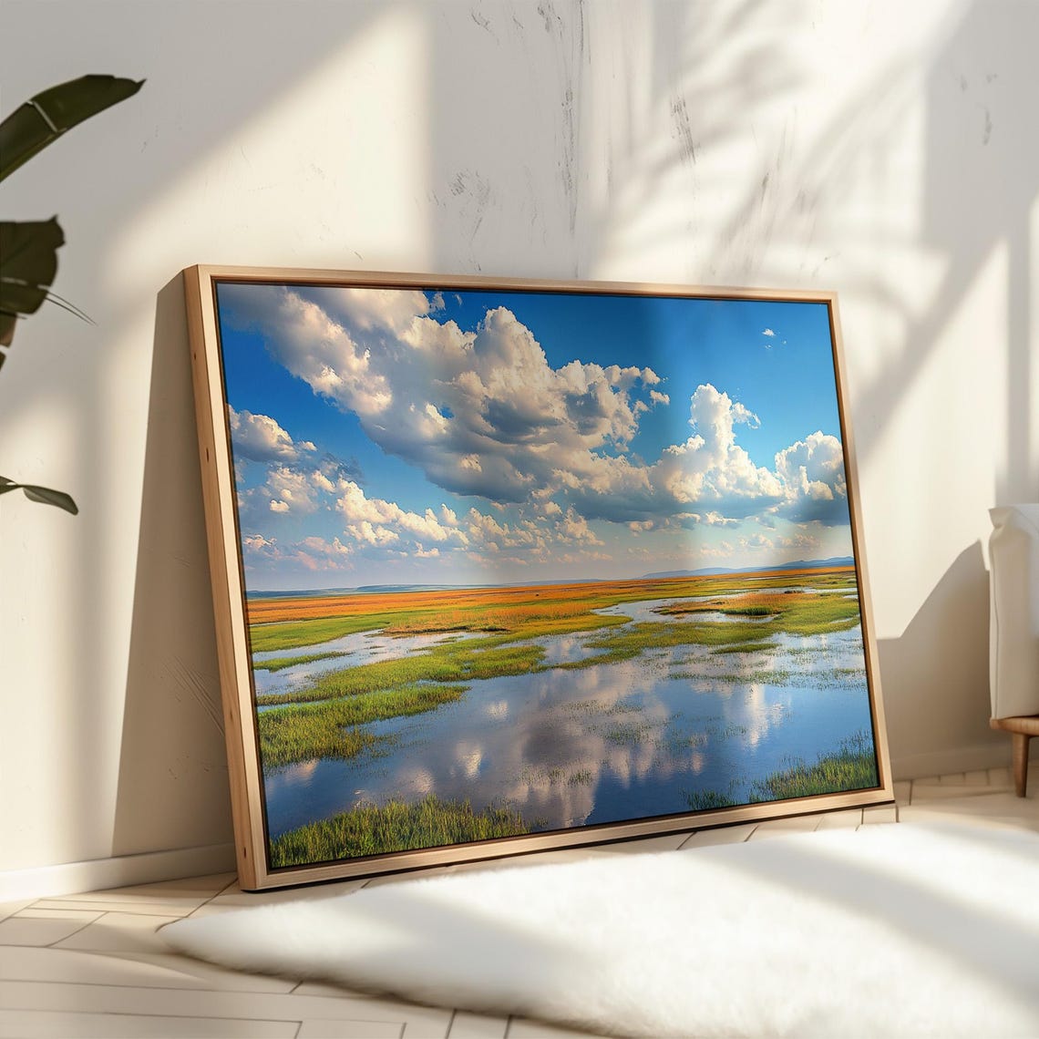Bright Wetlands With Blue Sky Big White Clouds And Still Water Poster