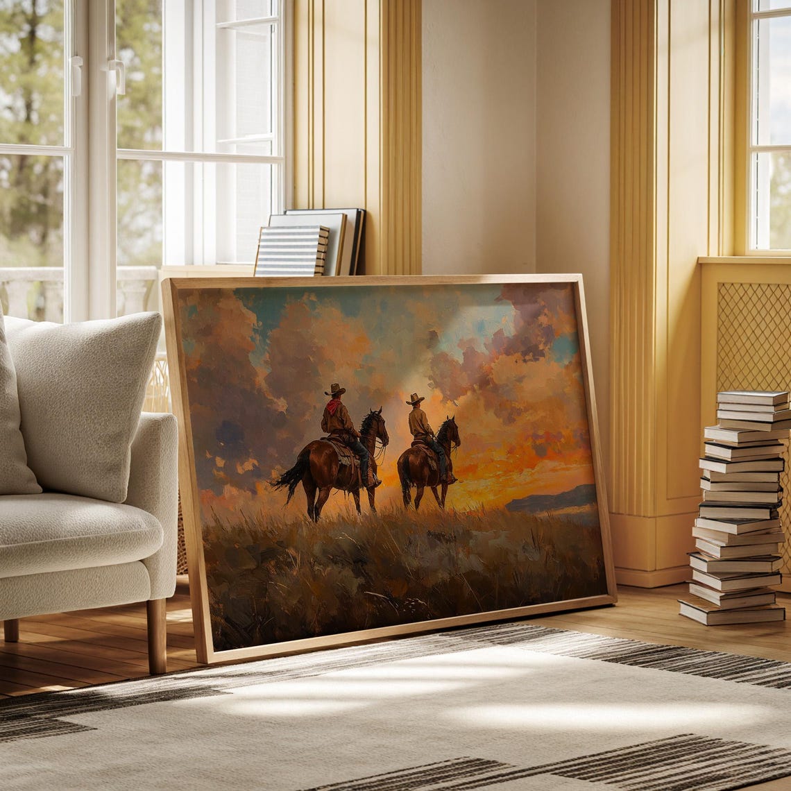 Cowboys At Sunset Art Western Landscape Wall Decor Rustic Ranch Poster Vintage Southwest Scene - Image 2