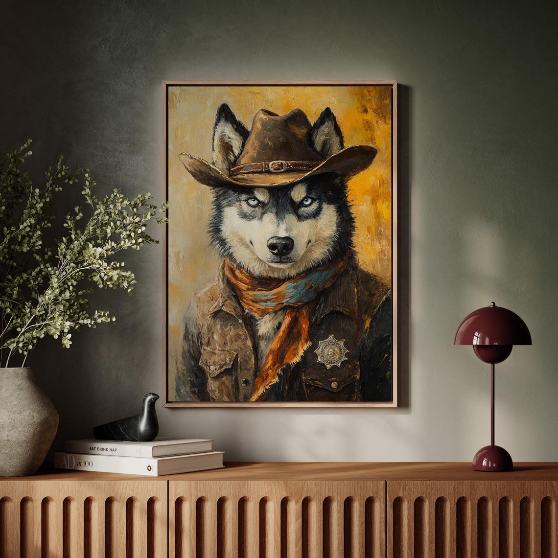 Husky Dog Cowboy Sheriff Portrait Blue Eyes Hat Scarf Badge Poster
