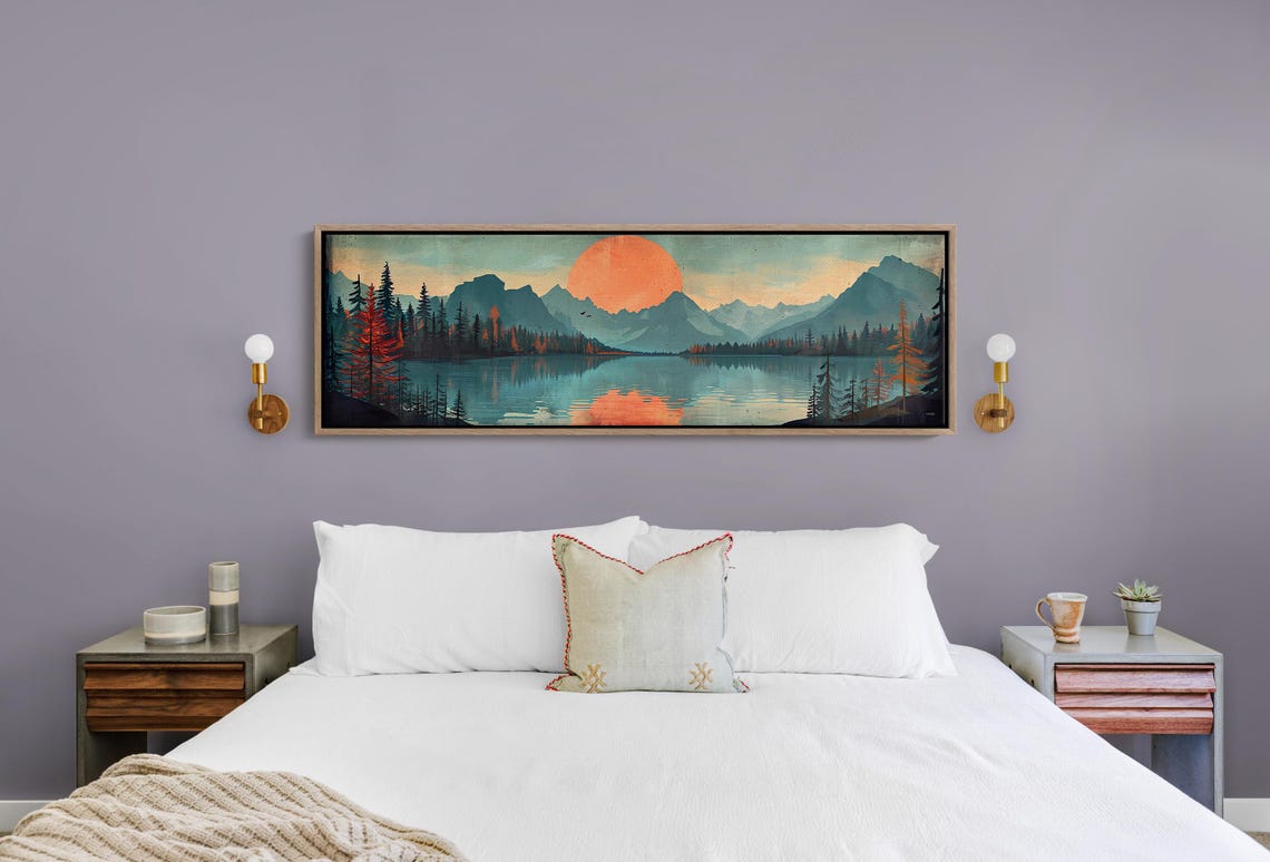 Orange Sun Panoramic Mountain Lake Sunset Mid Century Wall Art - Image 4