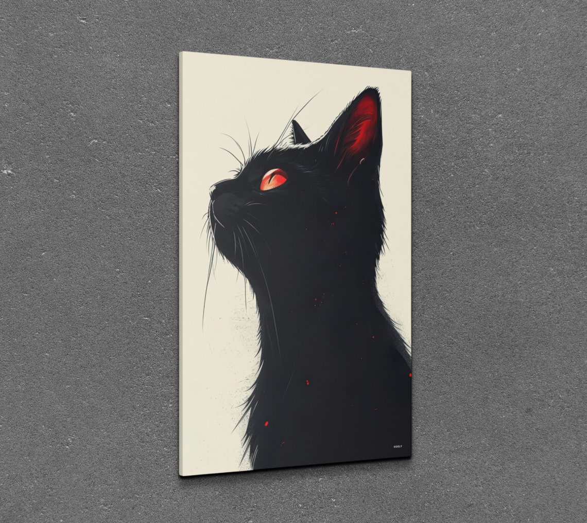 Minimalist Black Cat Silhouette Profile Red Eye Modern Wall Art - Image 6