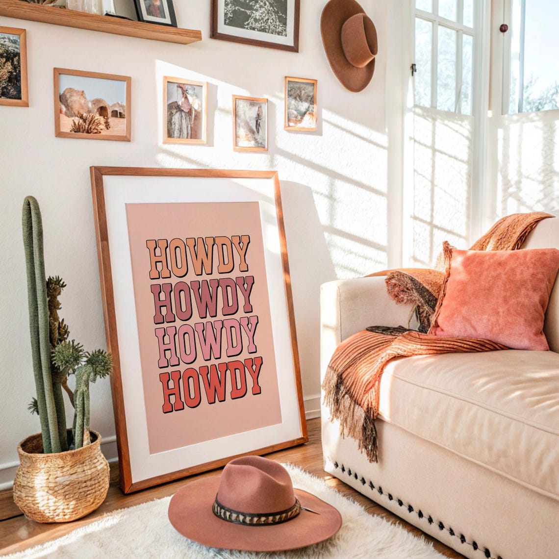Howdy Repeating Retro Typography Pink Western Cowgirl Quote Poster