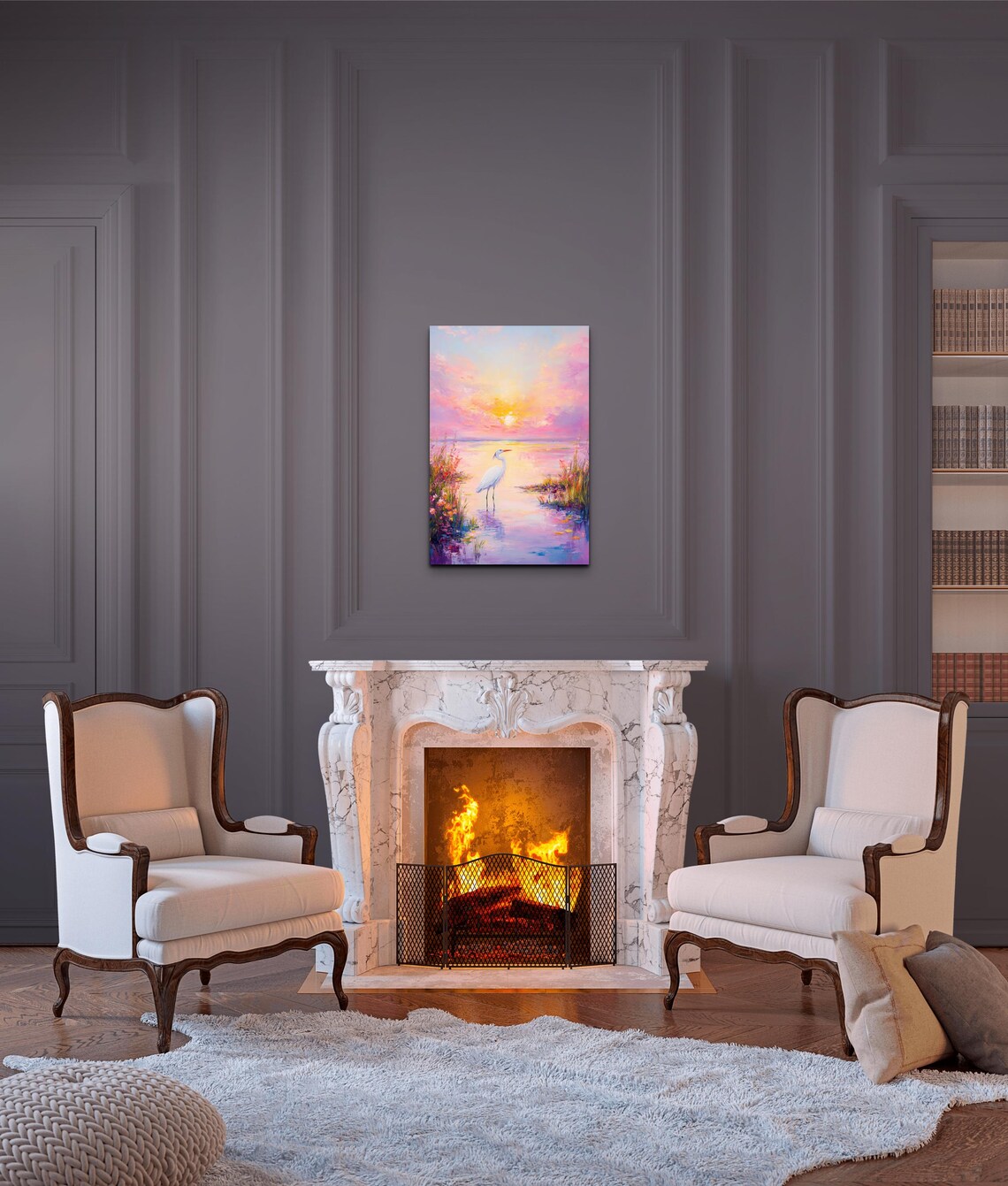 White Egret in Pastel Watercolor Sunset Wetland With Pink Sky Poster - Image 6