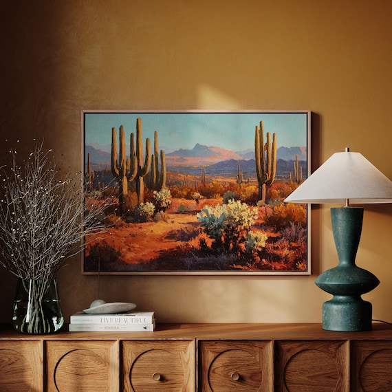 Golden Desert Sunset with Saguaro Cacti Western Landscape Wall Art