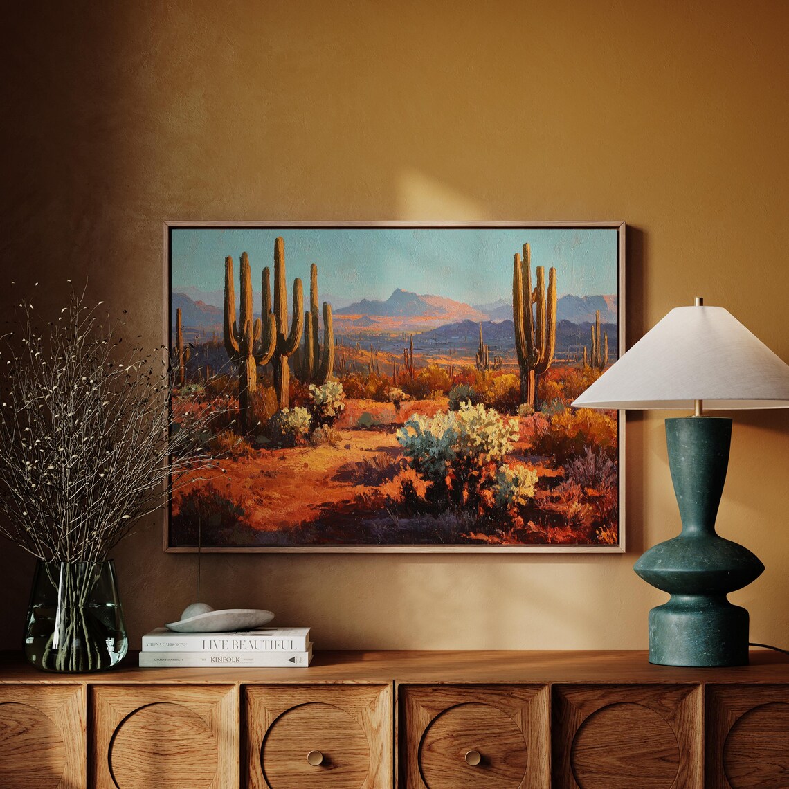 Golden Desert Sunset with Saguaro Cacti Western Landscape Wall Art