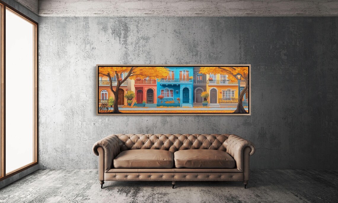 Charming Row Houses Fall Street Scene Vibrant Town Poster Decor - Image 3
