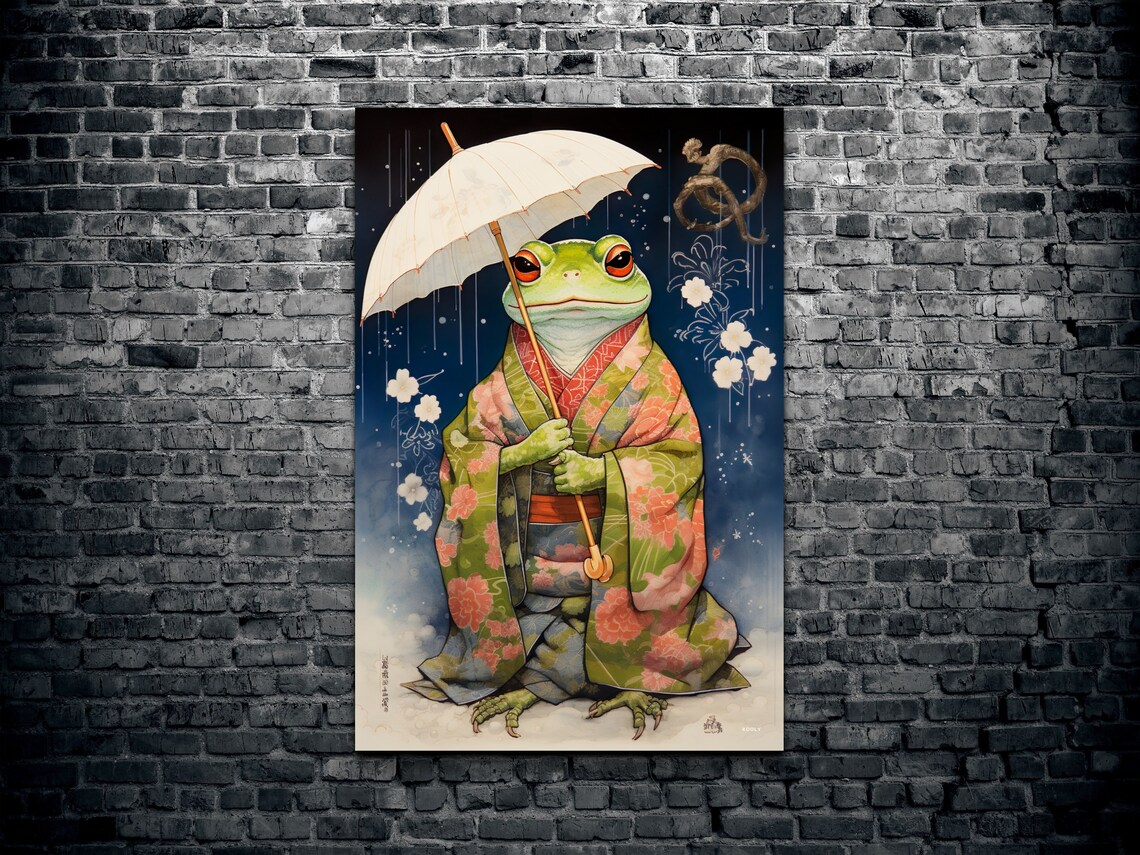Japanese Frog In Kimono Holding Umbrella In The Rain Art Poster - Image 2