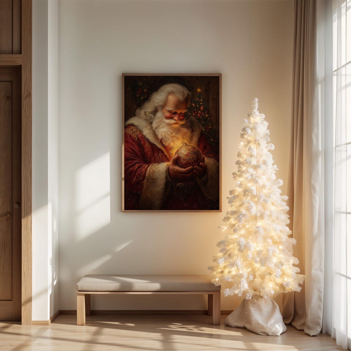 Santa Claus Holding Glowing Christmas Ornament Vintage Art Poster
