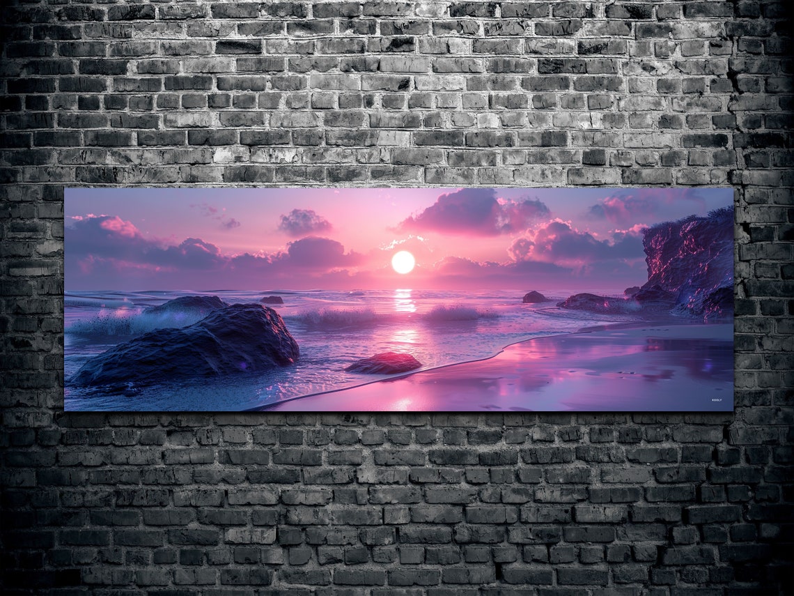 Pink Sunset Over Rocky Beach Purple Ocean Waves Panorama Wall Art - Image 2