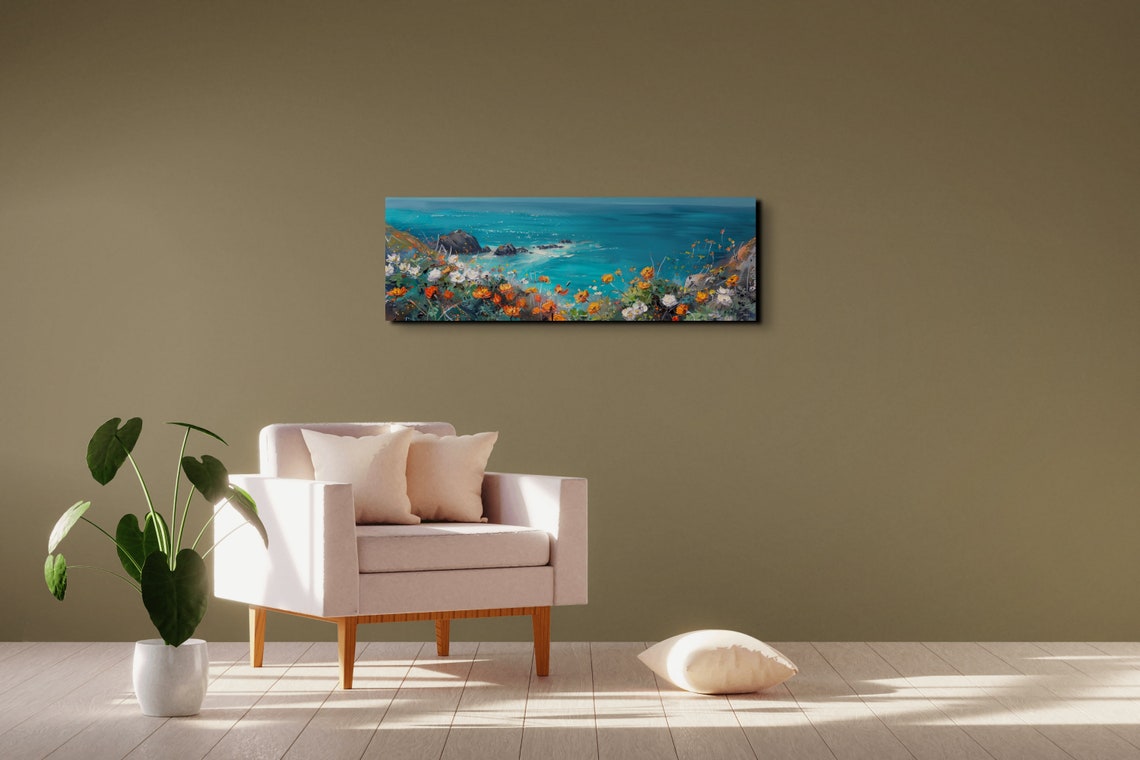 Coastal Poppy Flowers Over Turquoise Ocean Panoramic Art Poster - Image 4