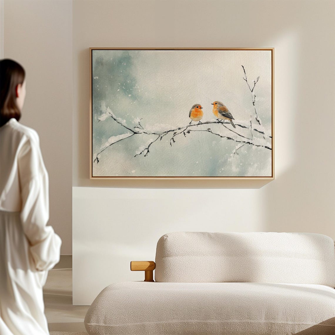 Two Robins On A Snowy Branch In Falling Snow Watercolor Winter Poster