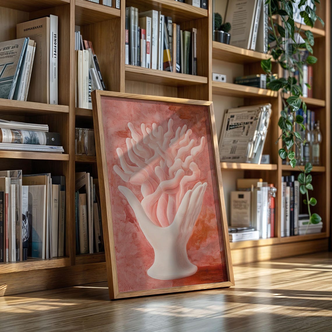Surreal Coral Pink Sculpted Hand Modern Abstract Painting Poster