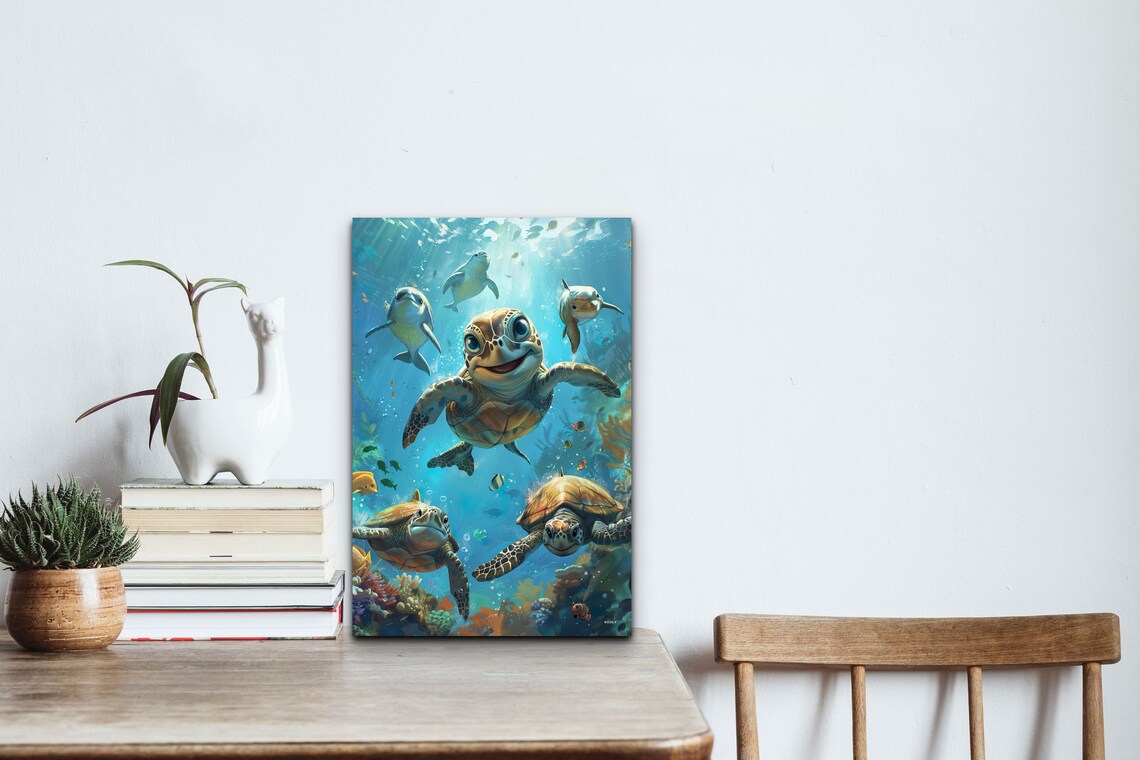 Animated Style Turtles Dolphins Sea Decor Portrait - Image 3