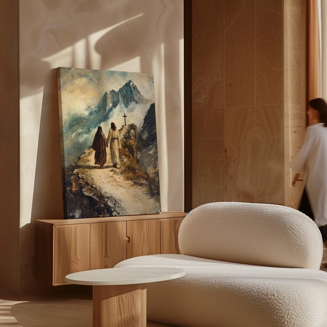 Jesus Walking With a Woman Toward a Cross on a Mountain Path Poster - Image 7