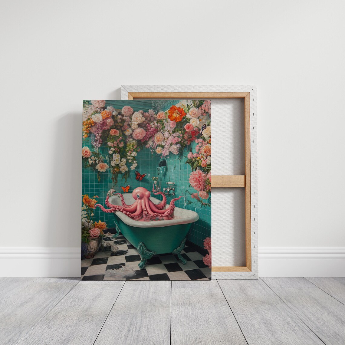Whimsical Octopus In Floral Bathroom Surreal Art Print - Image 3