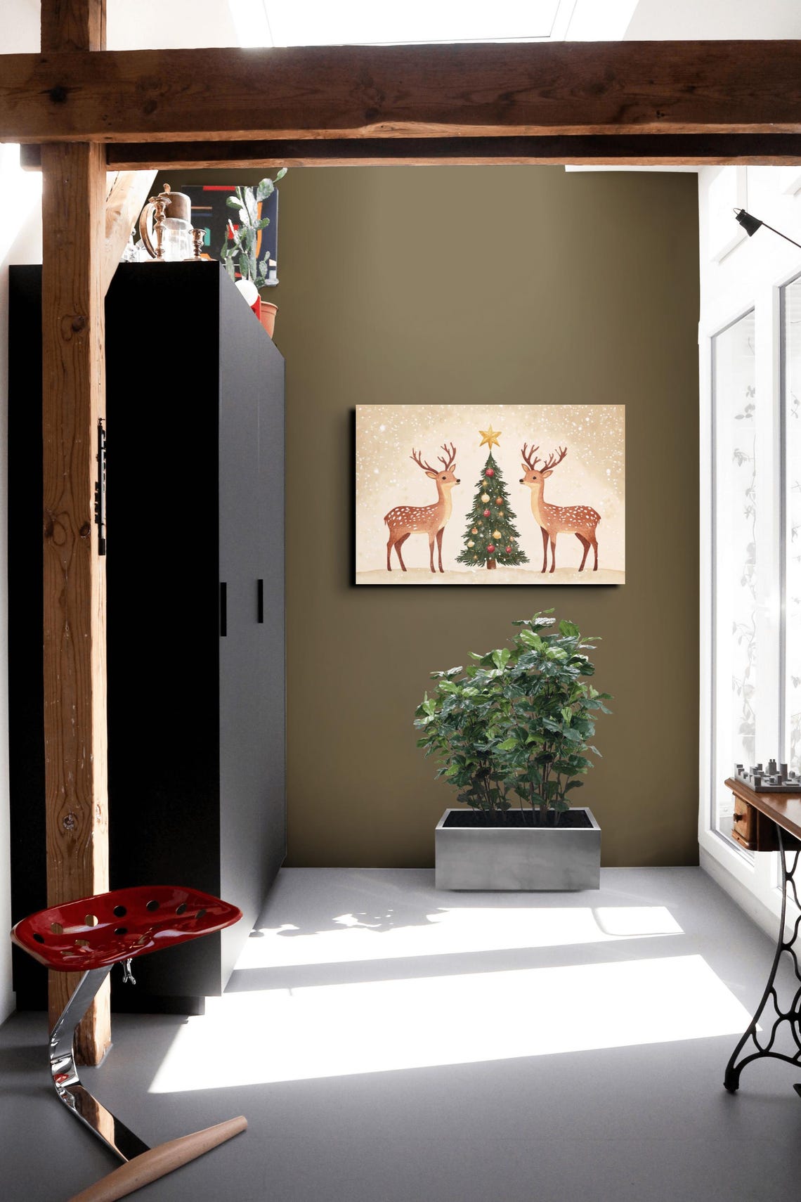 Two Deer Christmas Tree Gold Star Snowy Vintage Holiday Scene Poster - Image 4