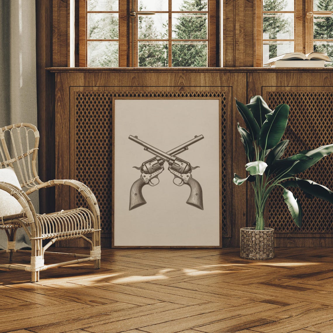 Crossed Vintage Revolvers Pencil Sketch Western Decor Poster