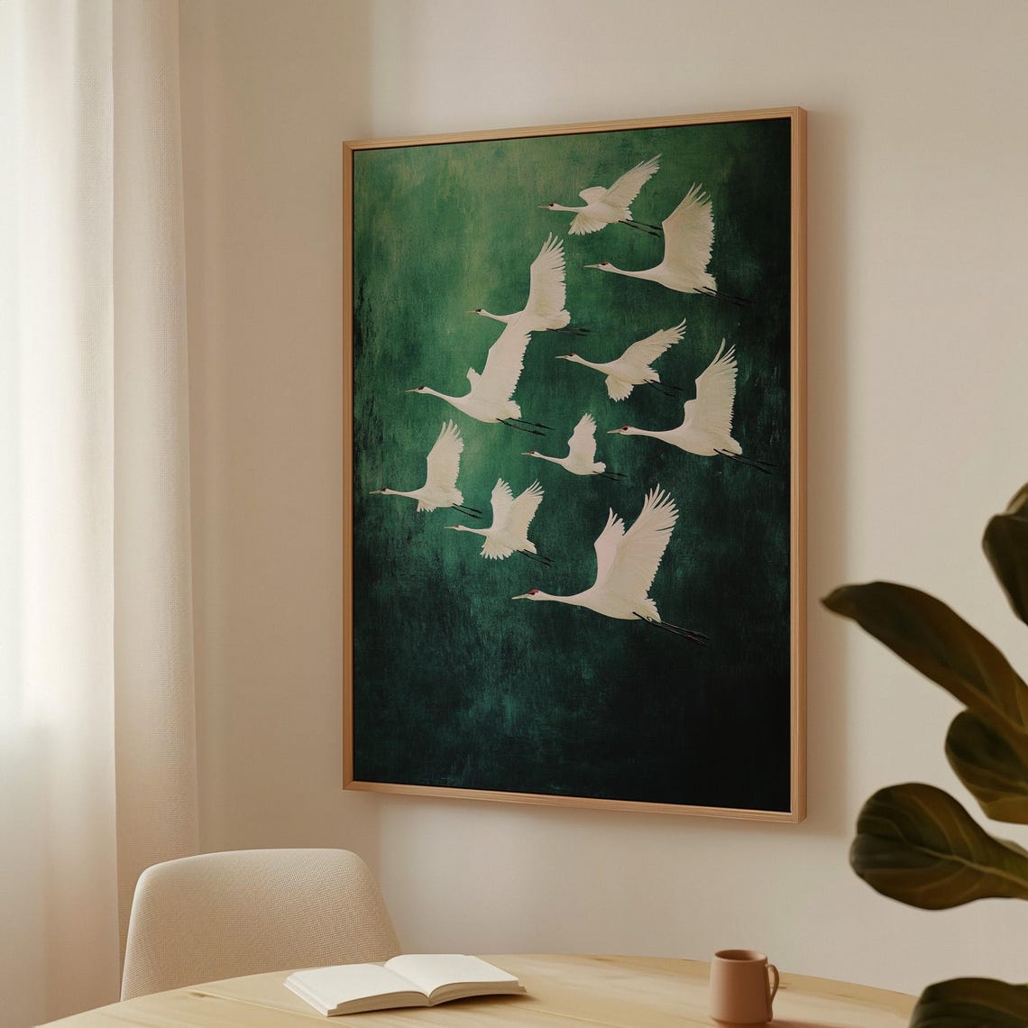 Nine White Cranes Flying On Emerald Green Textured Art Poster - Image 5