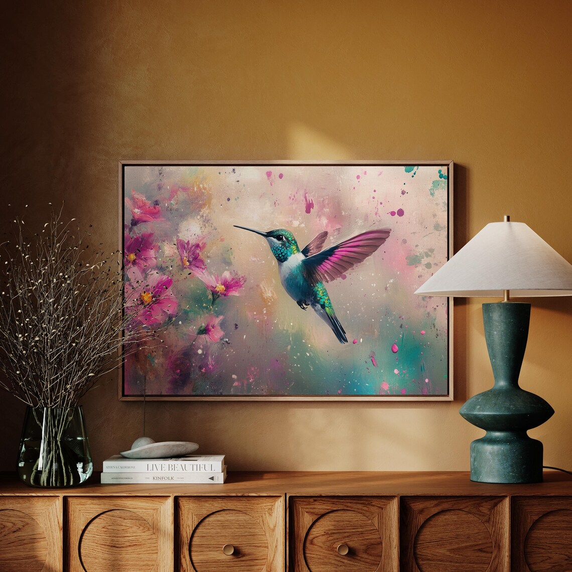 Vibrant Hummingbird Pink Flowers Abstract Nature Flying Bird Poster - Image 3