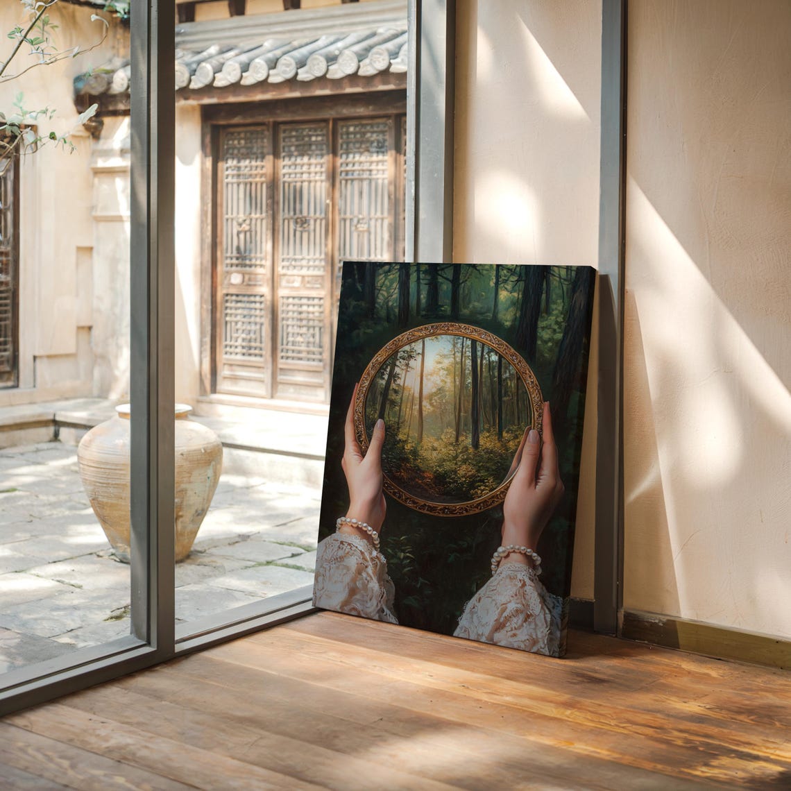 Hands Holding Antique Gold Mirror With Sunlit Forest View Poster - Image 7
