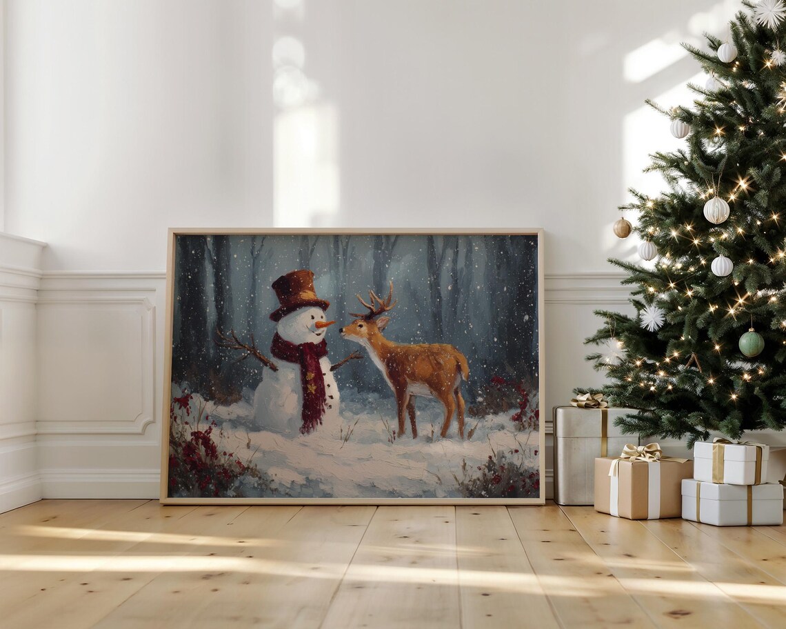 Snowman And Deer Share A Winter Moment Art Print