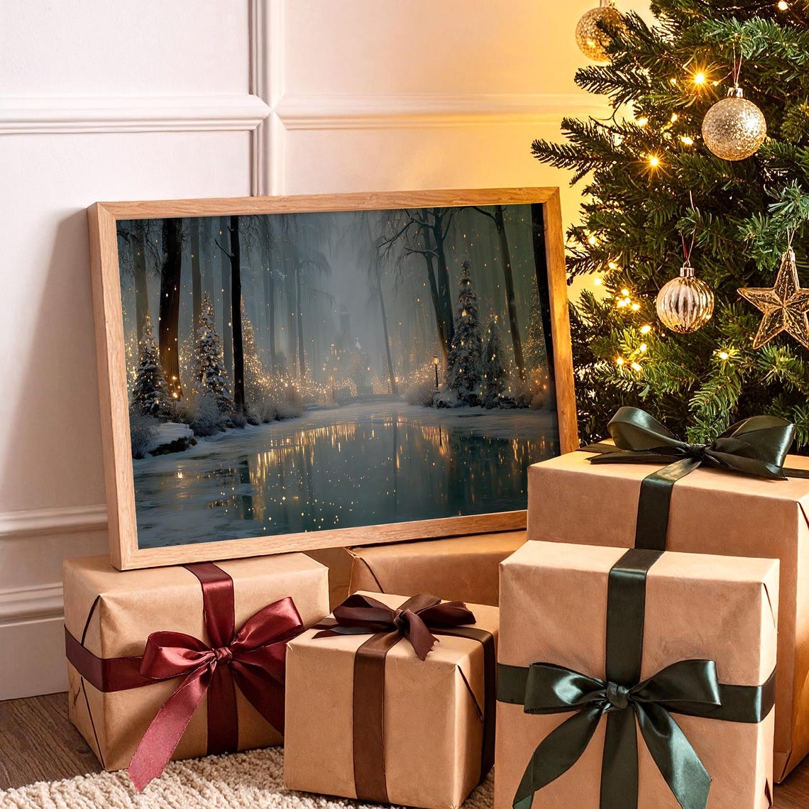 Winter Forest Lights Reflecting on Frozen Lake Misty Night Poster