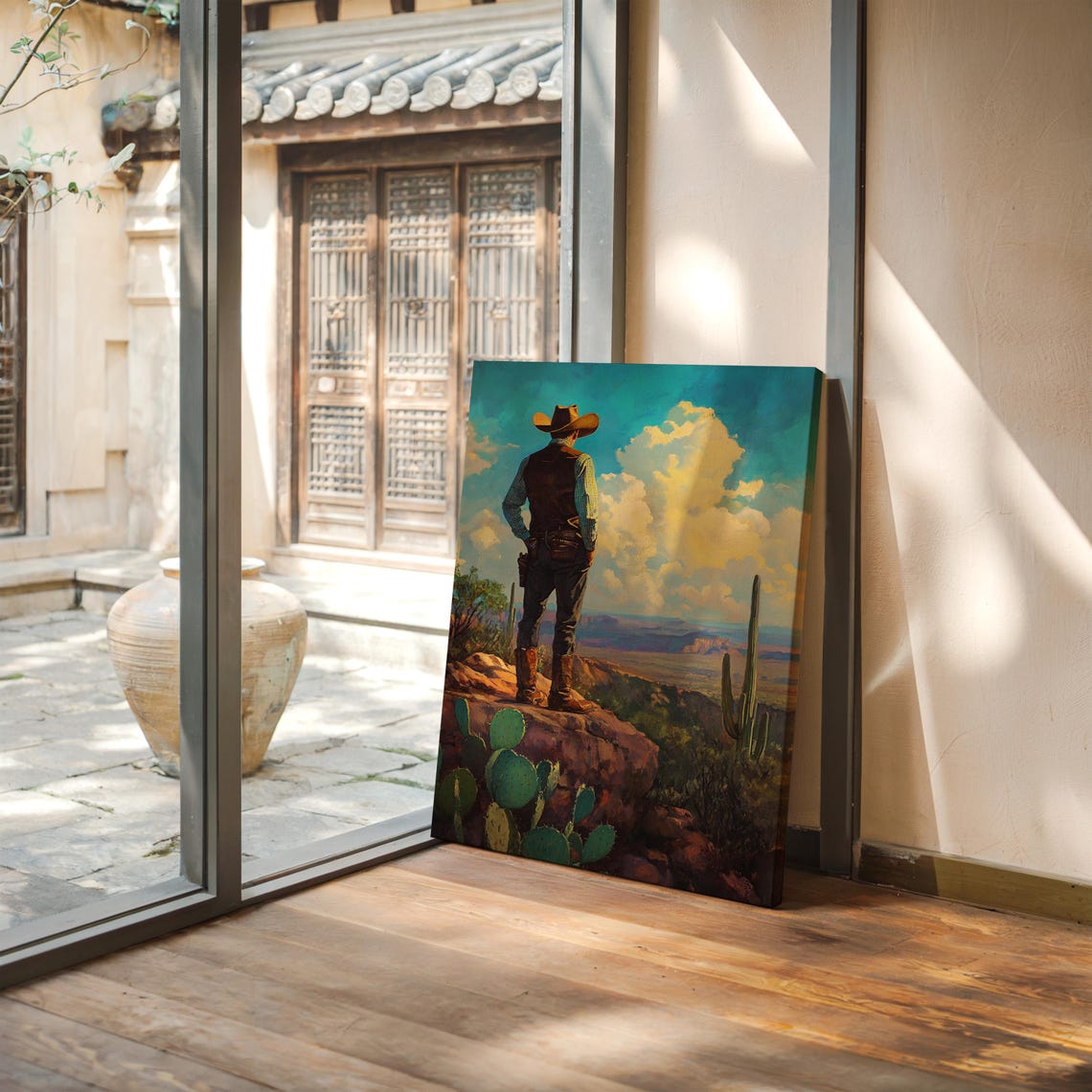 Lone Cowboy Overlooking A Desert Canyon From Rocky Cliff Poster - Image 5