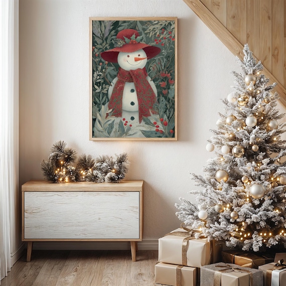 Cheerful Snowman In Red Hat And Patterned Scarf Botanical Poster