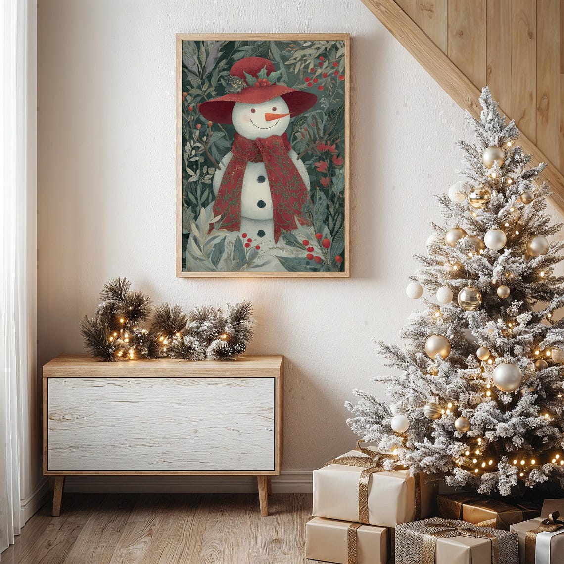 Cheerful Snowman In Red Hat And Patterned Scarf Botanical Poster