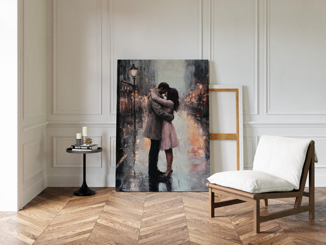 Romantic Couple In The Rain, Cityscape Art Print - Image 3