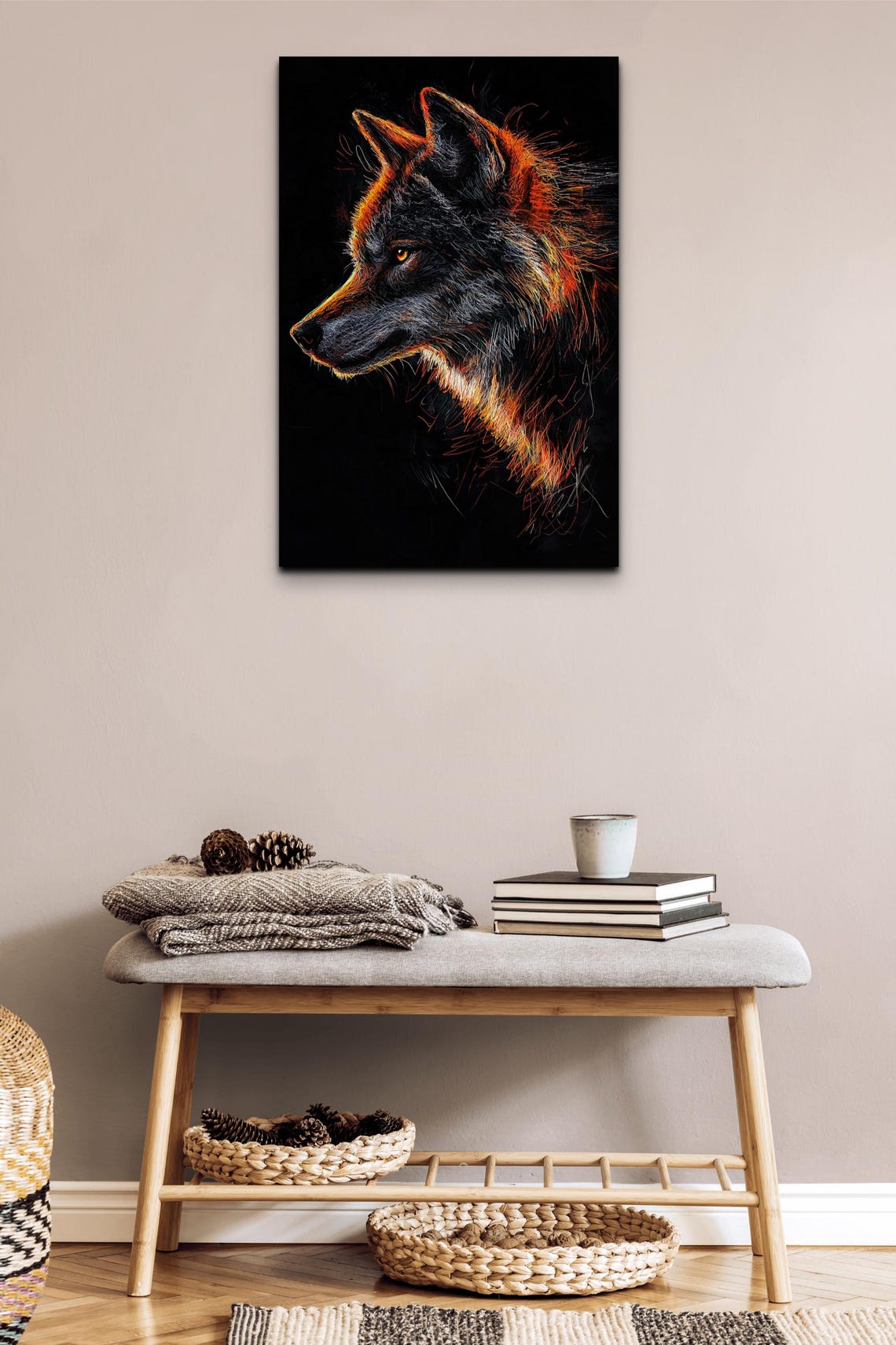Fiery Orange Wolf Head Line Art on Dark Black Background Poster - Image 3