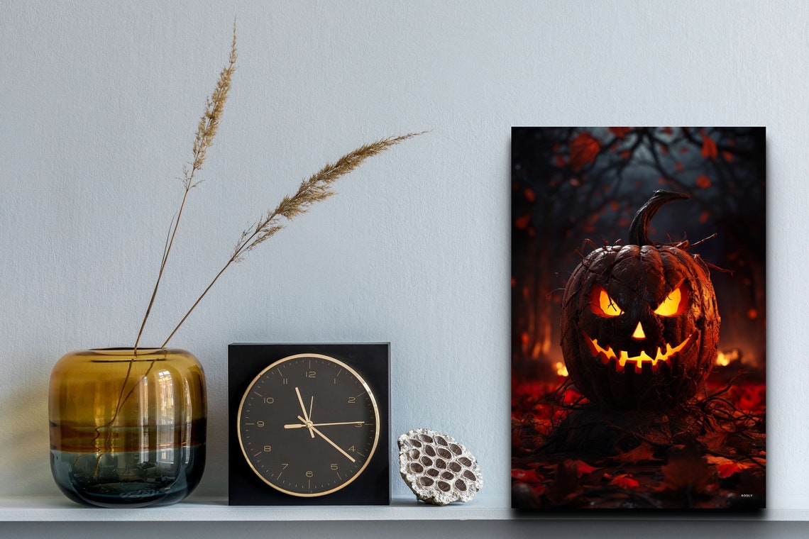 Scary Glowing Jack-O-Lantern Dark Forest Ember Night Art Poster - Image 2