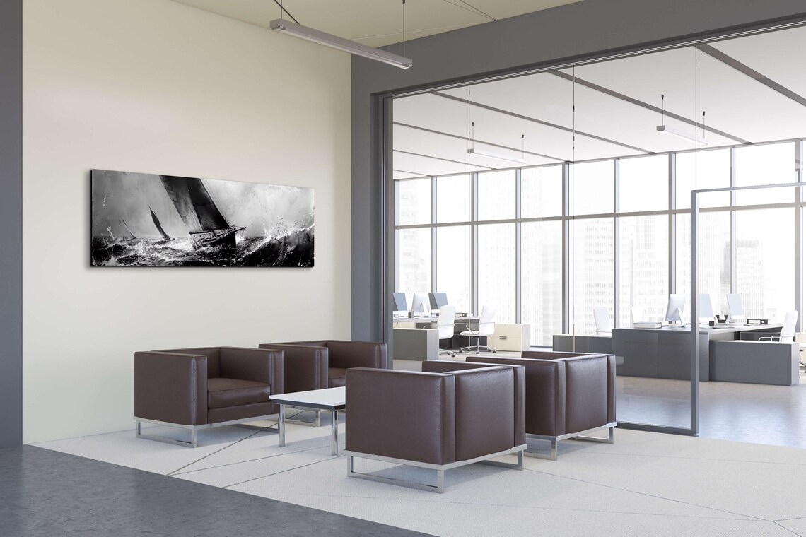 Sailboats Racing Stormy Sea Black White Dramatic Marine Panoramic Wall Art - Image 4