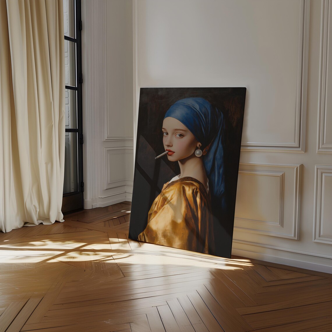 Girl With Pearl Earring Smoking Edgy Pop Art Parody Painting Poster - Image 3