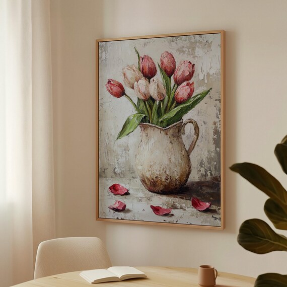 Pink Tulips in Vintage Ceramic Pitcher With Scattered Petals Poster