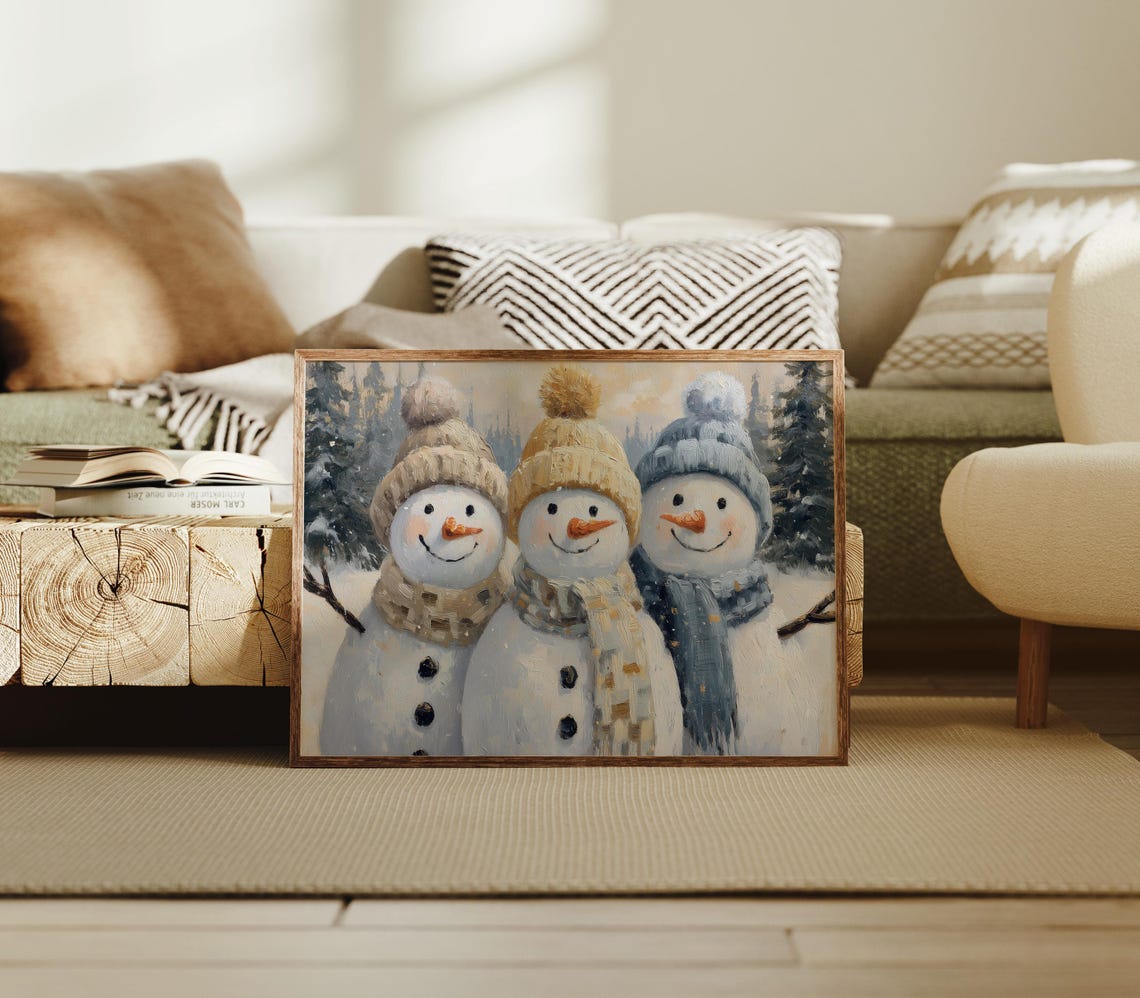 Three Cheerful Snowmen in Knit Hats in a Snowy Pine Forest Poster